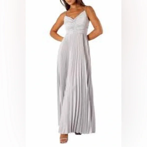 NWT Lucy Paris,Pleated Floor Length Dress In Silver Pewter Elegant Dress,Size M - Picture 6 of 8